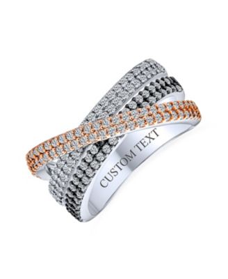 Criss Cross Cubic Zirconia Triple Eternity Band Ring Black Rose Silver Plated