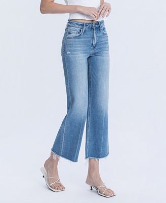 Women's High Rise Raw Hem Crop Slim Wide Leg Jeans