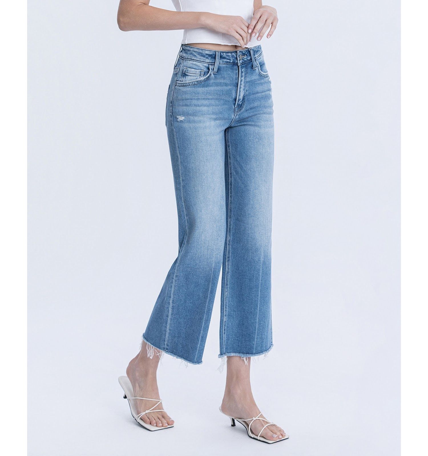 Women's High Rise Raw Hem Crop Slim Wide Leg Jeans