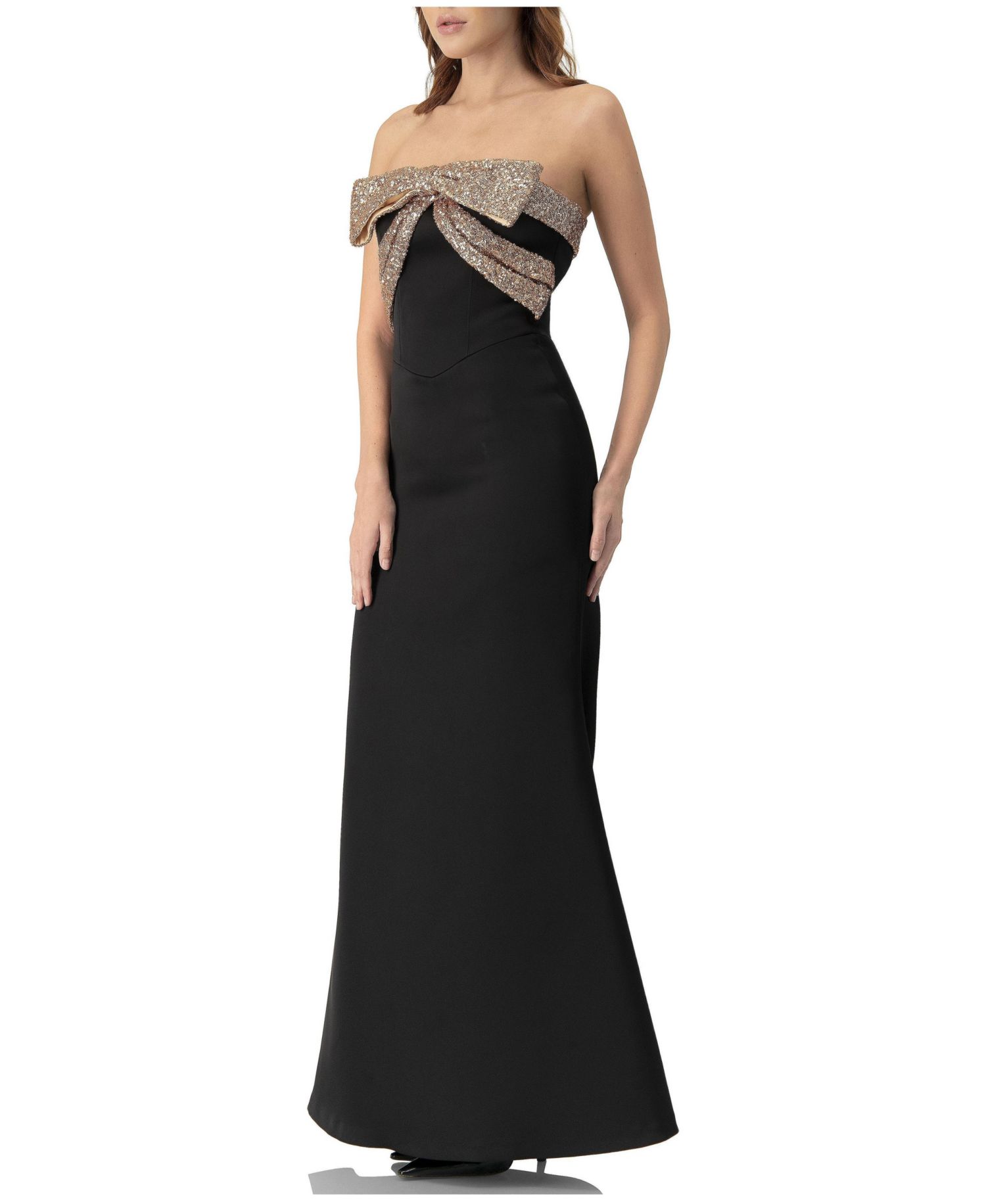 Women's Long Strapless Dress with Sequin Bow