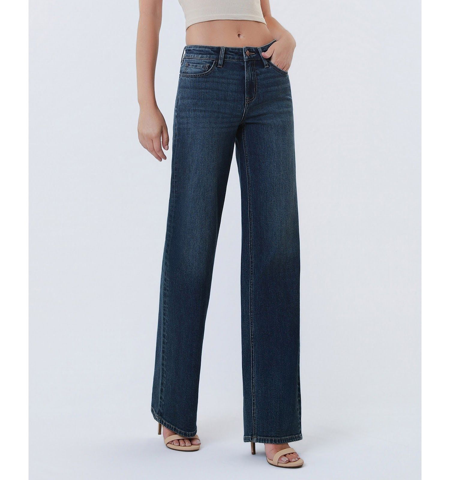 Women's Mid Rise Full Length Wide Leg Jeans