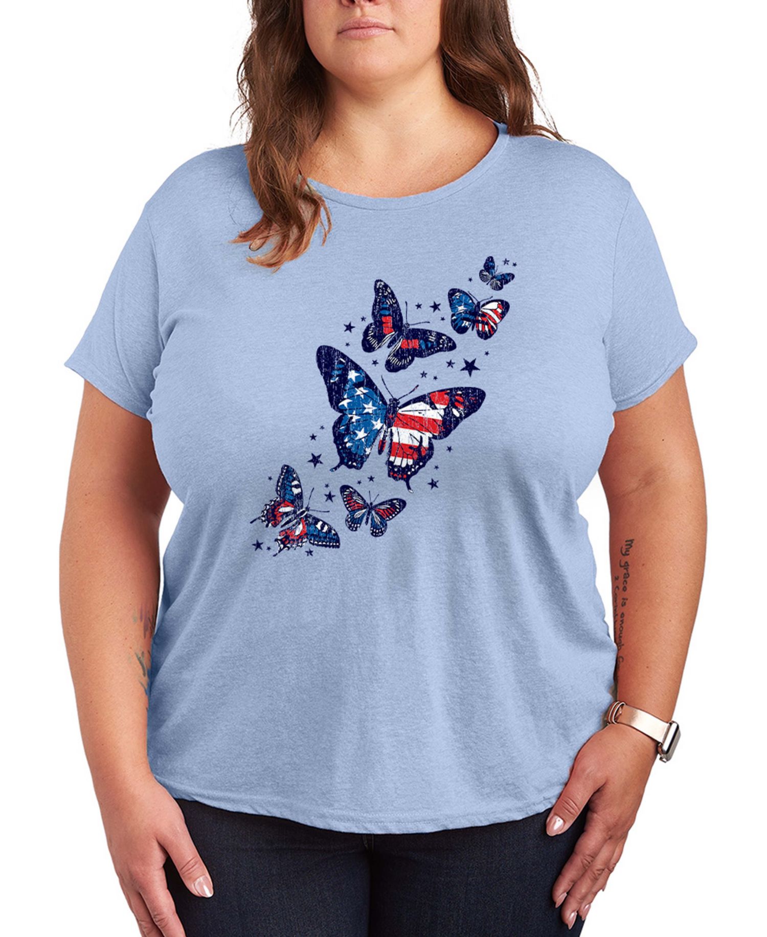 Plus Size Instant Message Patriotic Butterflies Crewneck Graphic T-Shirt