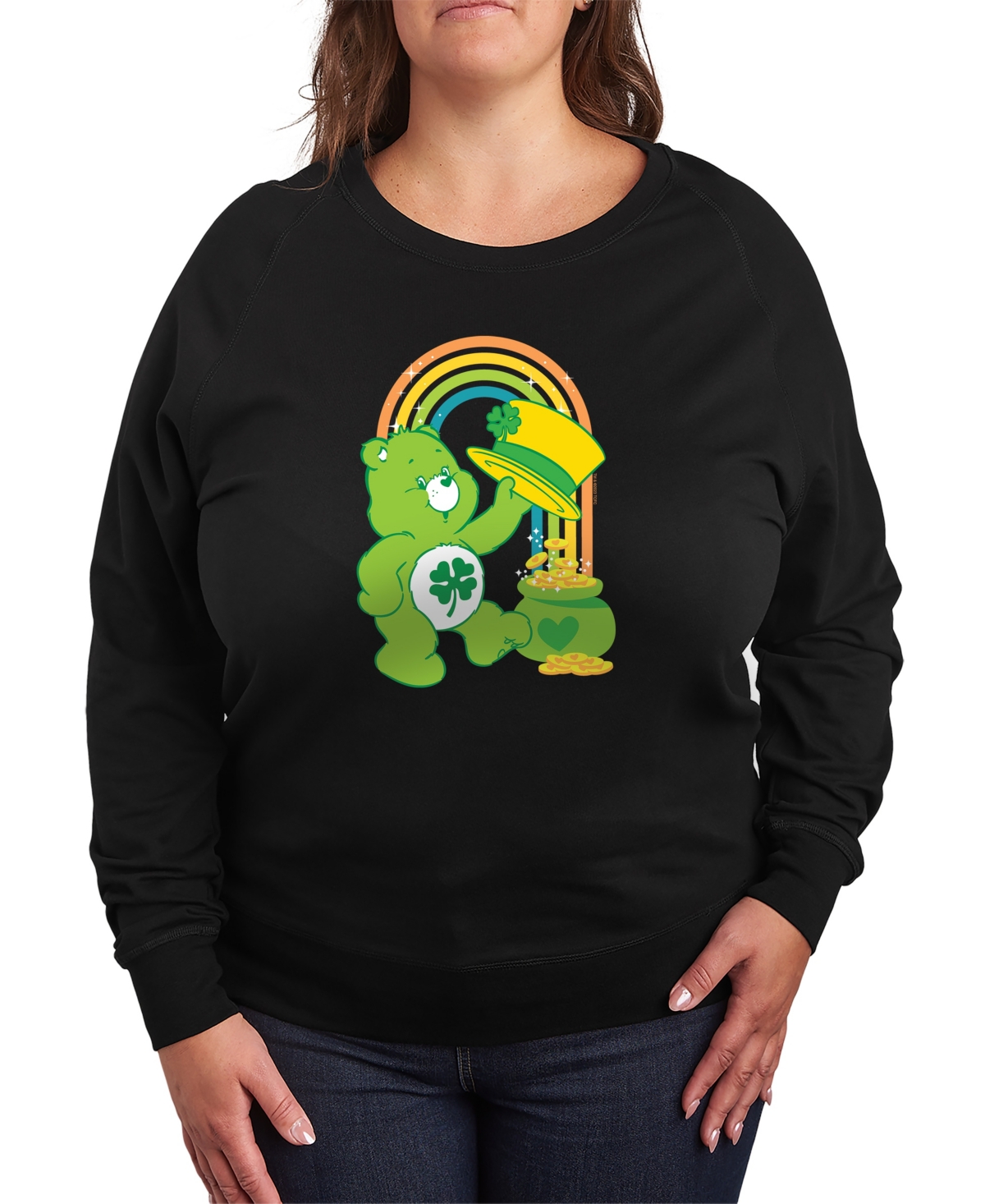 Hybrid Apparel Plus Size Care Bears St. Patrick's Day Good Luck Bear Rainbow Long-Sleeve Sweatshirt - Heather Charcoal