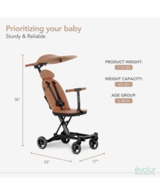 Kids Cruise Rider Stroller – Lightweight, book-fold, carry belt, padded seat & headrest, extendable backrest, 5-point harness, 45 lb limit.