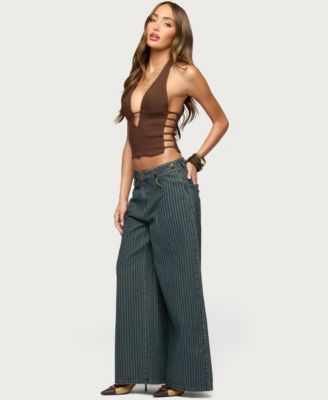 Women's Button Pinstripe Low Rise Baggy Jeans