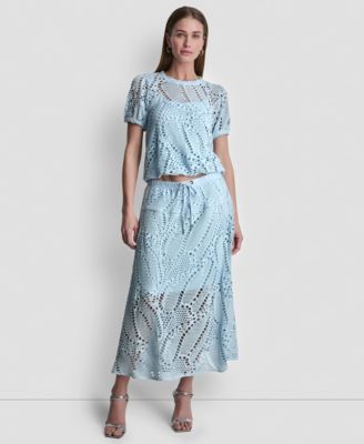 Women's Leaf Crochet Short-Sleeve Top and Crochet Leaf Pull-On Midi Skirt