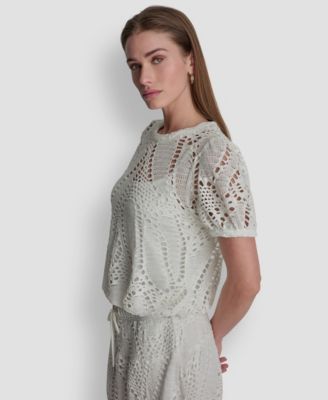 Women's Leaf Crochet Short-Sleeve Top