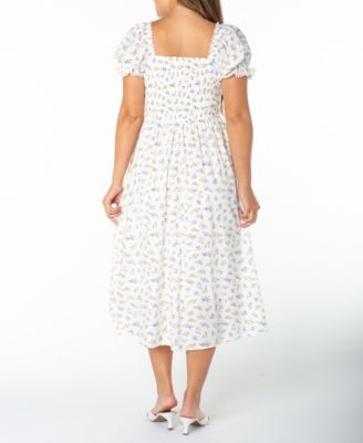 Juniors' Textured Floral Printed Puff-Sleeve Midi Dress