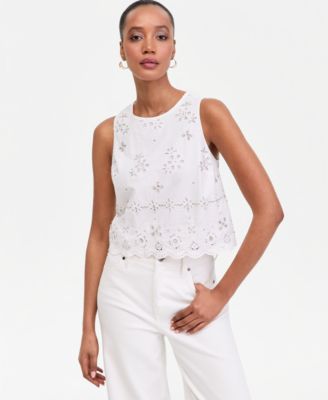 Women's Crystal Embellished Eyelet Sleeveless Top