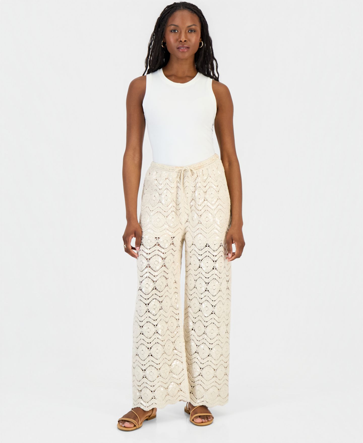 Женские брюки And Now This Petite Sequin Crochet Wide-Leg, цвет: Льняной — фото 1
