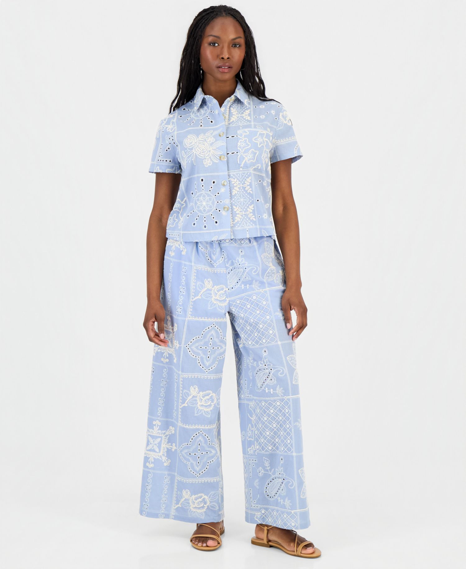 Petite Embroidered Cotton Wide-Leg Pants