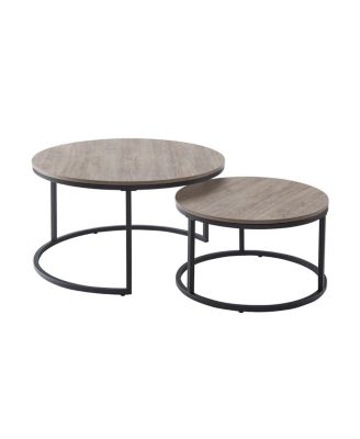  Round Nesting Coffee Table Set, 31.5" Gray Wash Oak & Metal, Industrial Accent Tables.