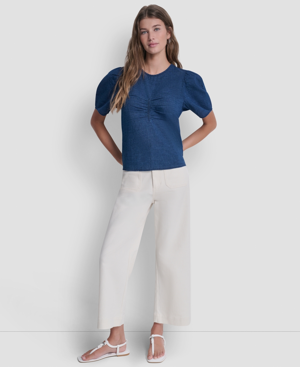 Dkny Jeans Petite Puff-Sleeve Crewneck Ruched Front Shirt