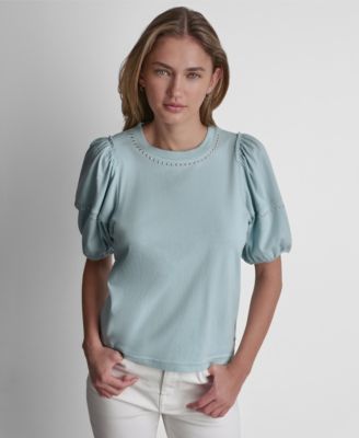 Petite Dome Studs Mini Ruffle Puff-Sleeve Crewneck T-Shirt
