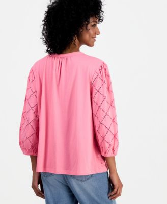 Women's Split-Neck Eyelet-Embroidered Top