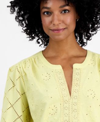 Petite Solid Knit Eyelet Top