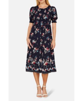 Women's Smocked Bodice Floral Ruched Midi Dress