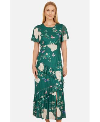 Women's Mesh Bird And Floral Print Midi Dress