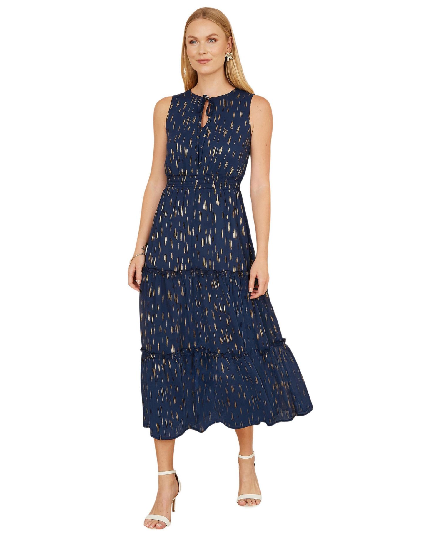 Women's Foil Print Ruched Waist Midi Dress
