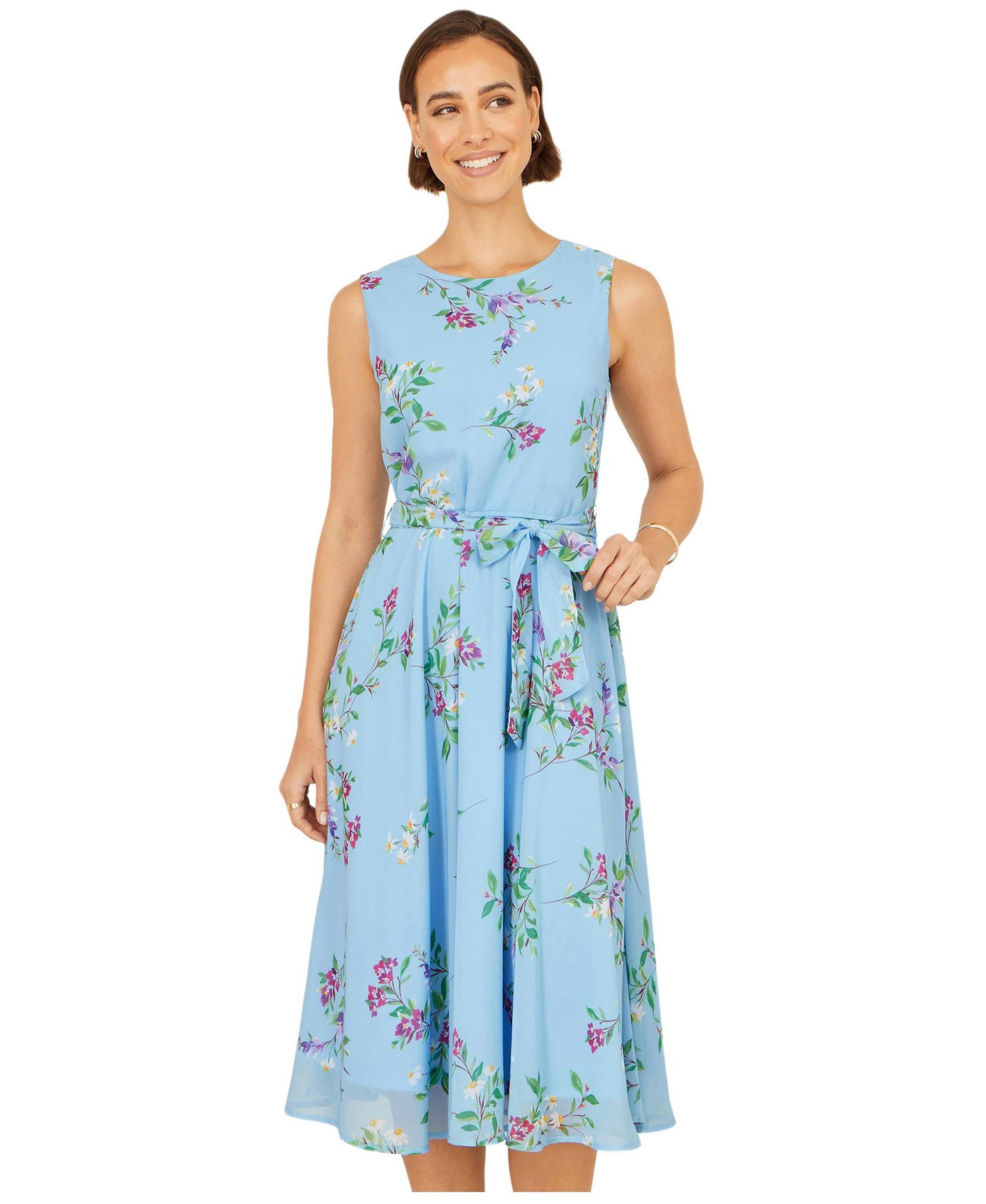 Women's Sleeveless Tie Waist Printed Midi Dress