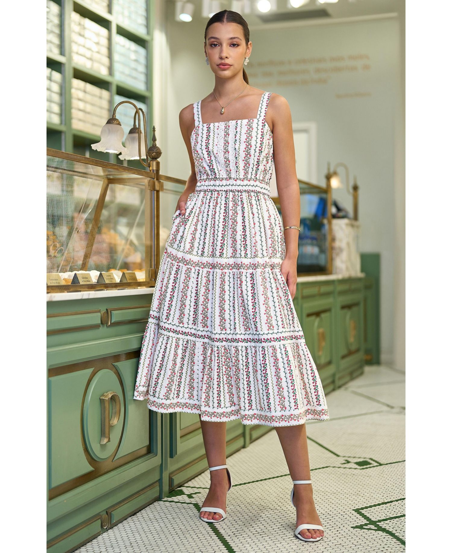 Women's Botanical Stripe Lace Trim Midi Dress