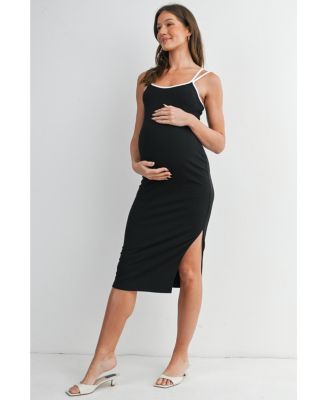 Maternity Ribbed Bodycon Midi Dress with Double Straps and Side Slit