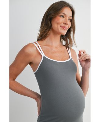 Maternity Ribbed Bodycon Midi Dress with Double Straps and Side Slit