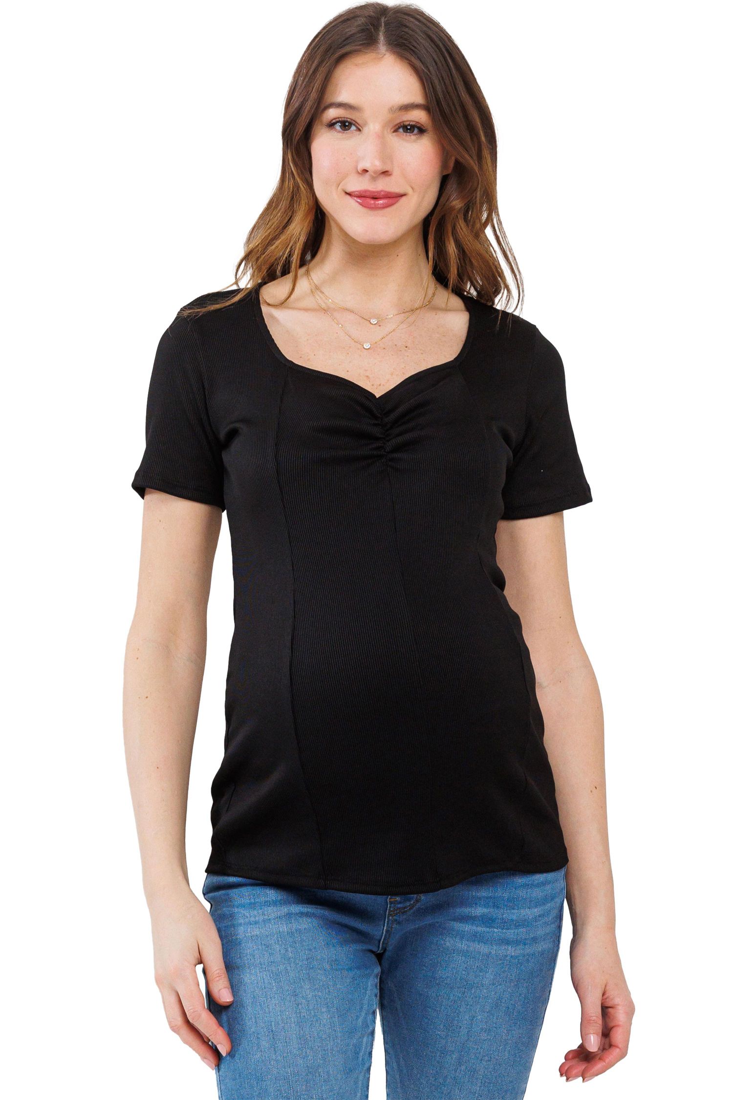 Maternity Ribbed Short Sleeve Sweetheart Neck Top