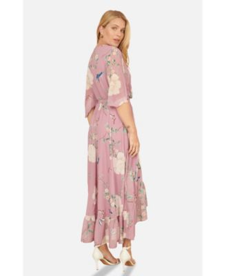 Women's Bird And Floral Print Midi Wrap Dress