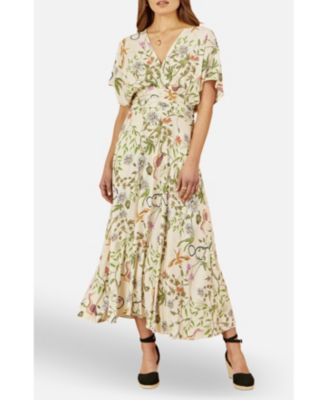 Women's Floral Print Ruched Waist Midi Dress