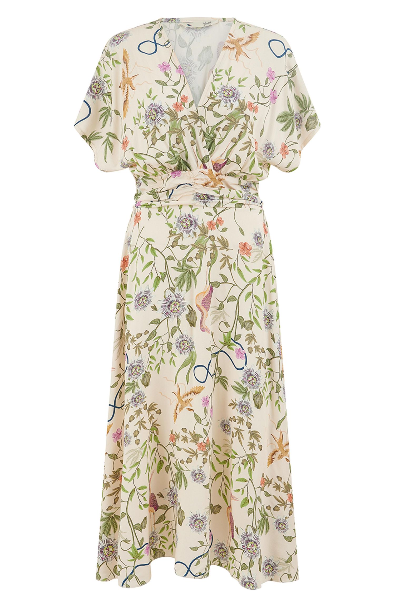 Women's Floral Print Ruched Waist Midi Dress
