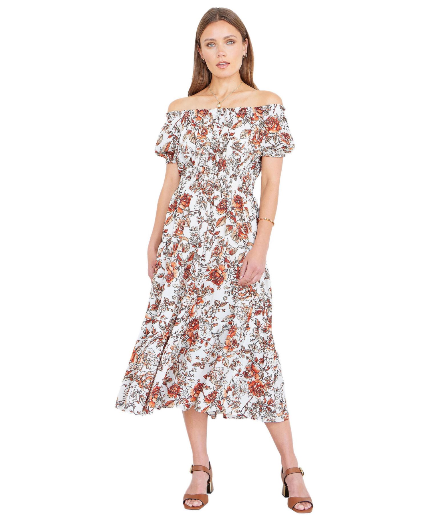 Women's Floral Ruched Waist Midi Dress