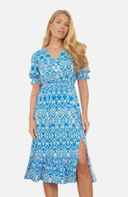 Women's Geometric Print Puff Sleeve Midi Dress