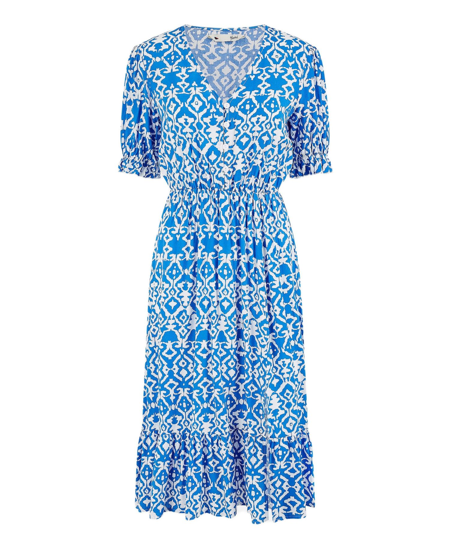 Women's Geometric Print Puff Sleeve Midi Dress