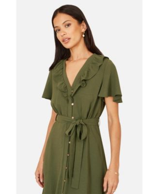 Women's Ruffle Collar Midi Shirt Dress