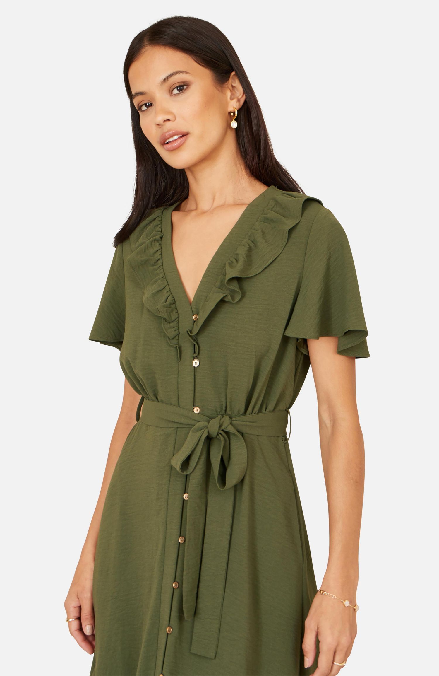 Women's Ruffle Collar Midi Shirt Dress