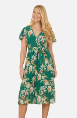 Women's Pleated Floral Tie-Waist Wrap Midi Dress
