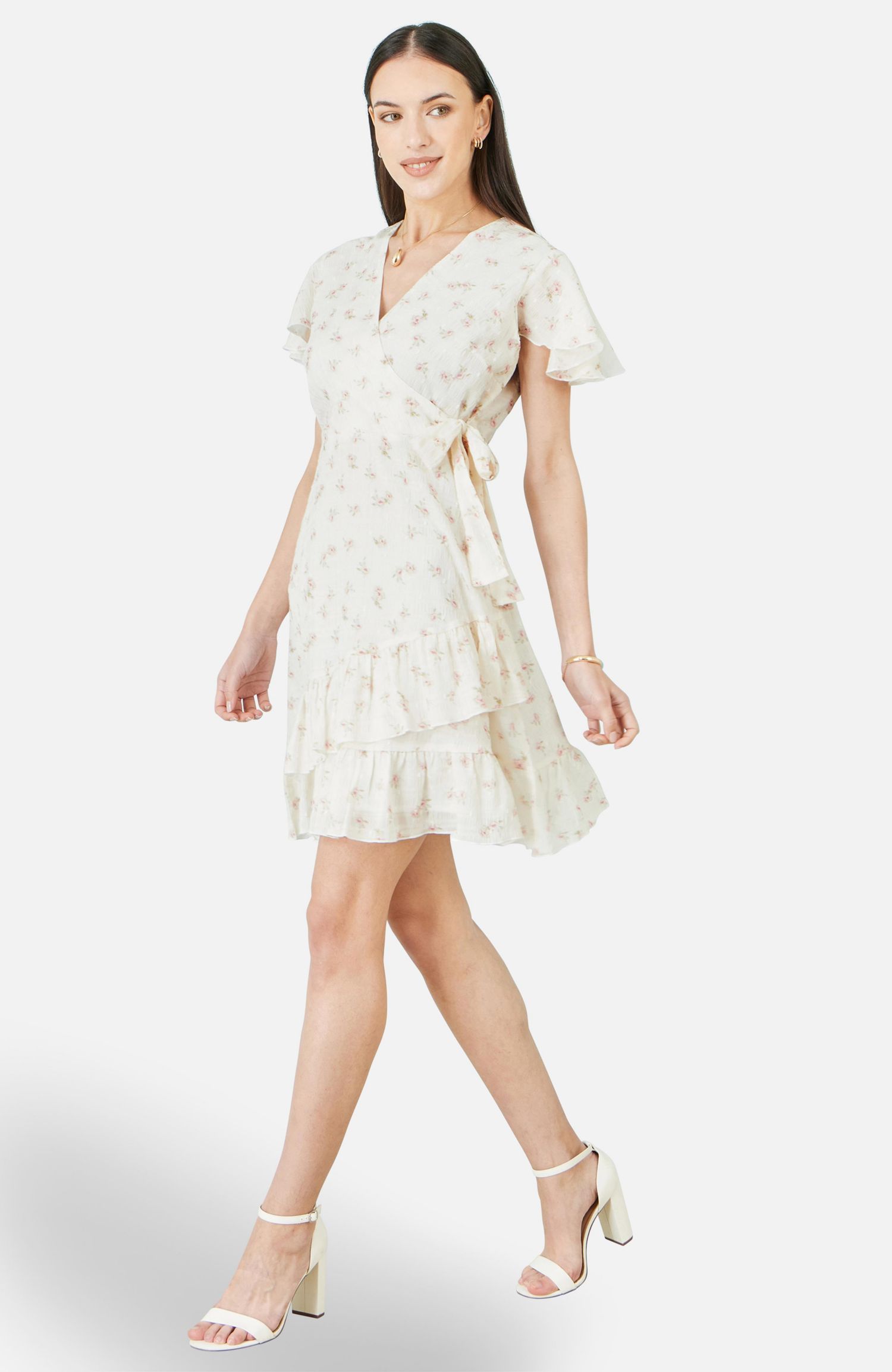 Women's Rose Print Wrap Over Frill Dress