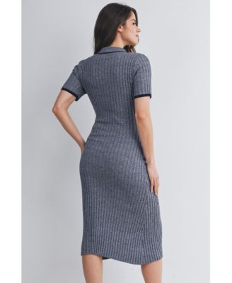 Women's Maternity Collared Ribbed Knit Midi Dress with Button-Front Nursing Access