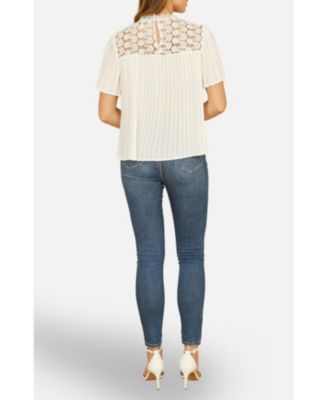 Women's Lace Panel Pleated Short Sleeve Top