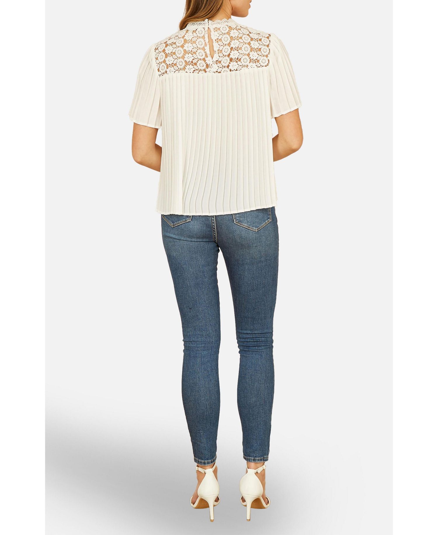 Women's Lace Panel Pleated Short Sleeve Top