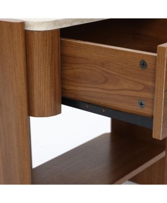 Faux Travertine Nightstand with Drawer and Open Shelf, MDF Wood Accent Side Table