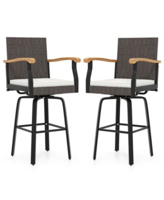 Patio Swivel Bar Stool with Cushion and Acacia Wood Armrests