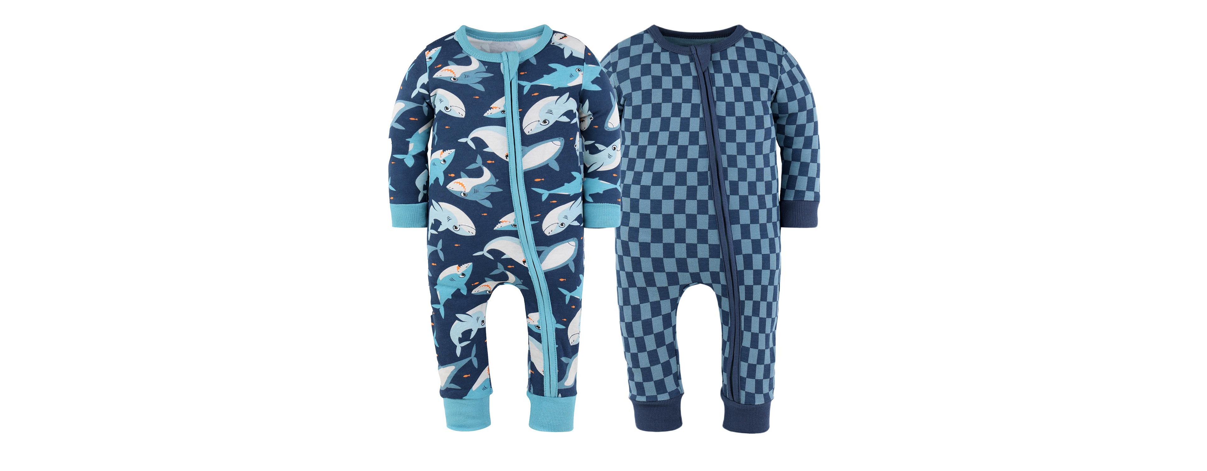 The Peanutshell Baby Boys Checker & Happy Shark Cotton Footless Pajamas for Boys, 2 Pack