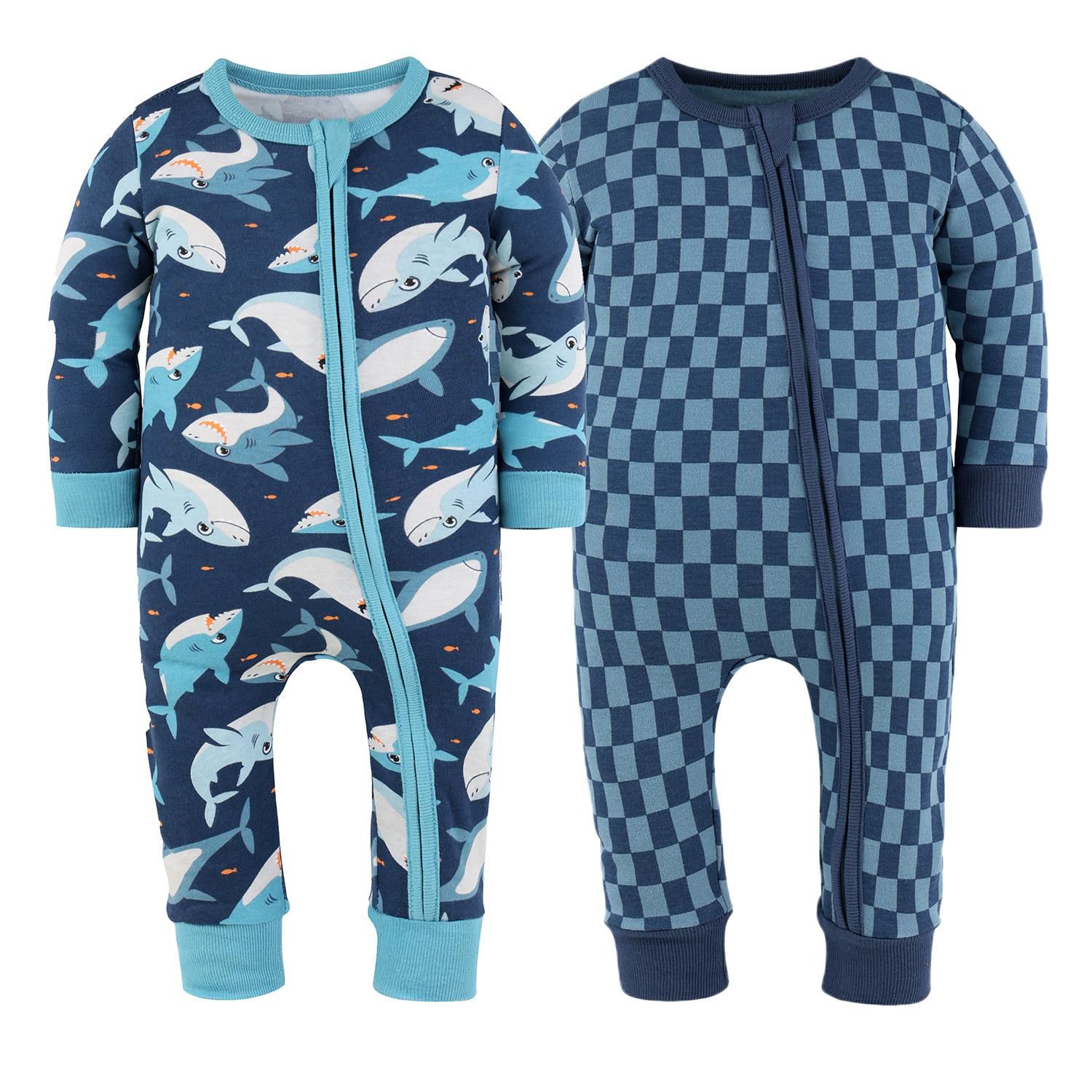 Baby Boys Checker & Happy Shark Cotton Footless Pajamas for Boys, 2 Pack