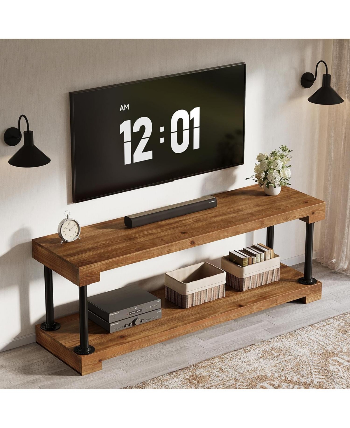 Tribesigns Solid Wood Tv Stand for 75-Inch Tv, 63" Entertainment Center with Storage Shelf, Industrial Media Console Table