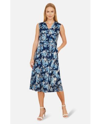 Women's Floral Wrap V Neck Midi Skater Dress