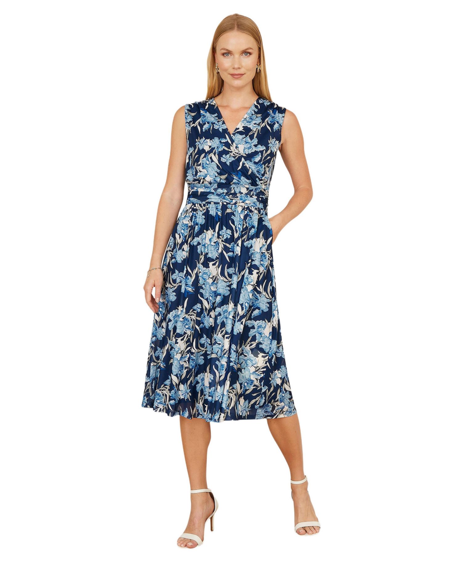 Women's Floral Wrap V Neck Midi Skater Dress