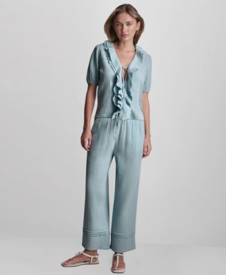 Petite Puff Short-Sleeve Tie-Front V-Neck Shirt