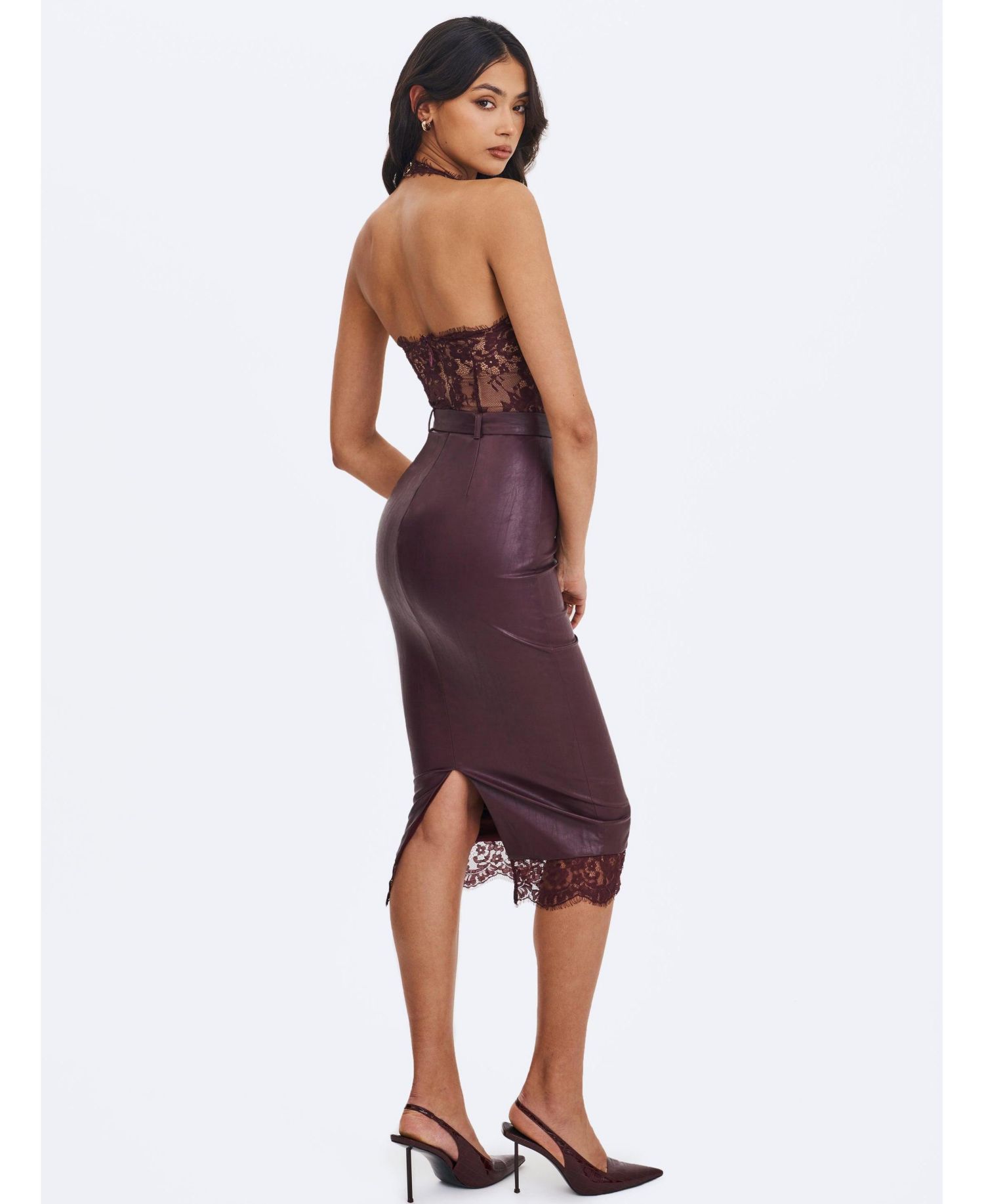 Women's Fiera Mahogany Plunging Halter Belted Midi Dress
